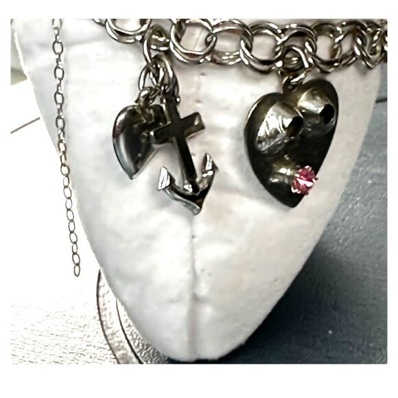 Vintage Forstner Charm Bracelet With Heart & Cross Charms And Pink Stone Accent - Picture 3 of 16
